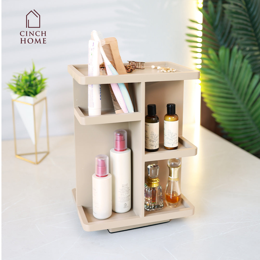 360 degree makeup organizer, rotating skincare organizer, taupe vanity organizer, bathroom counter organizer, dressing table storage, beauty product storage rack, makeup holder stand, skincare storage shelf, cosmetics organizer for vanity, Cinch Home makeup organizer