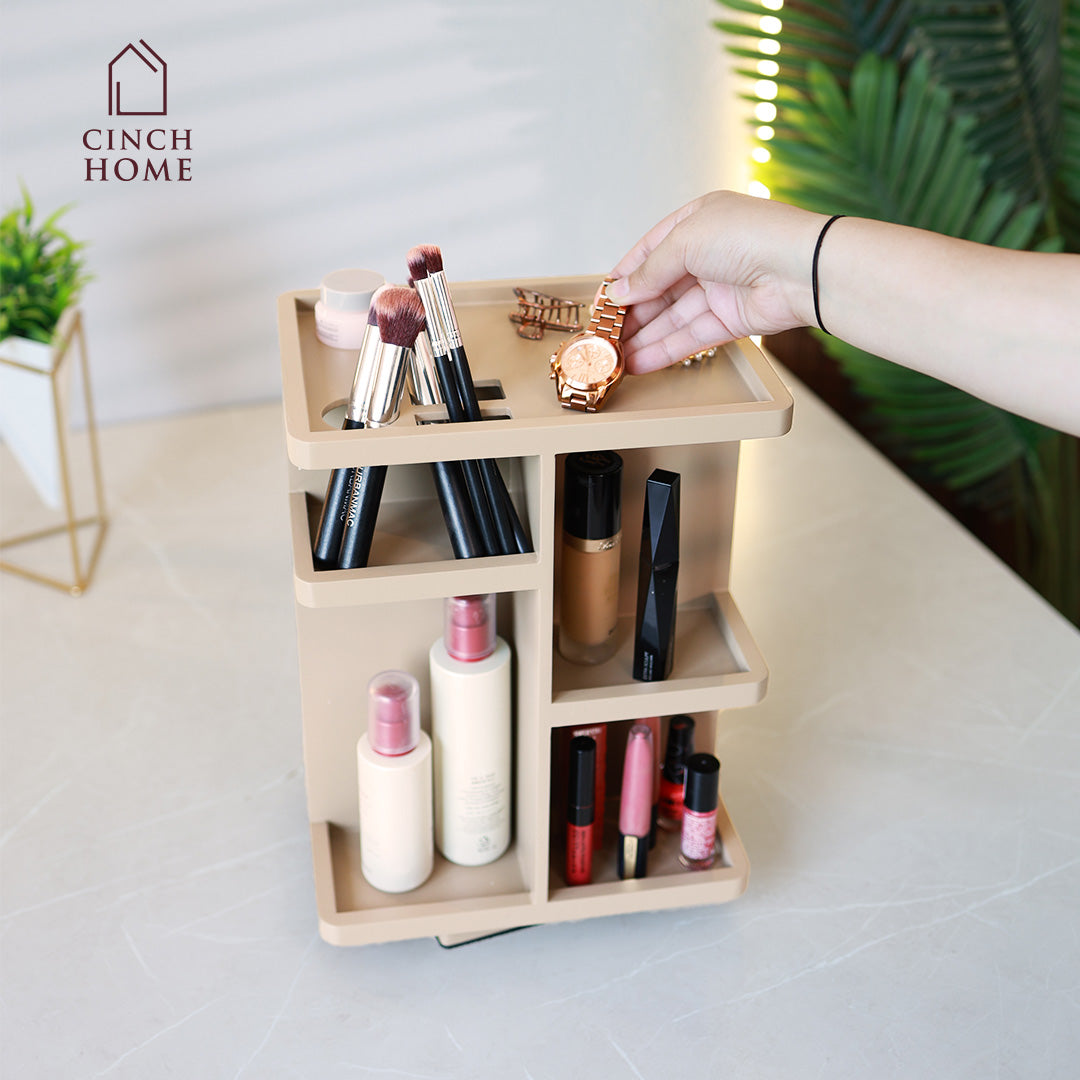 360 degree makeup organizer, rotating skincare organizer, taupe vanity organizer, bathroom counter organizer, dressing table storage, beauty product storage rack, makeup holder stand, skincare storage shelf, cosmetics organizer for vanity, Cinch Home makeup organizer