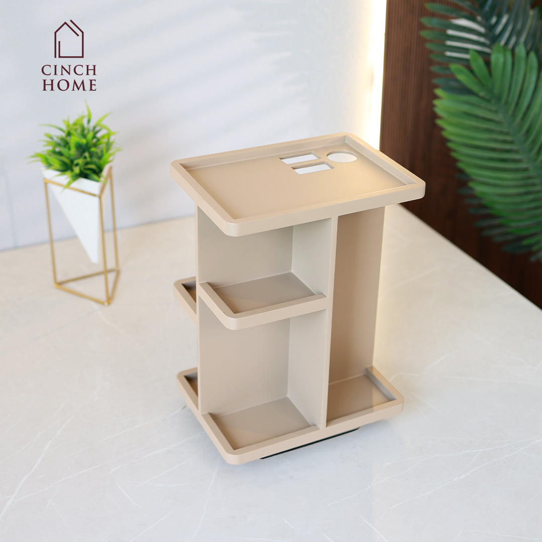 360 degree makeup organizer, rotating skincare organizer, taupe vanity organizer, bathroom counter organizer, dressing table storage, beauty product storage rack, makeup holder stand, skincare storage shelf, cosmetics organizer for vanity, Cinch Home makeup organizer