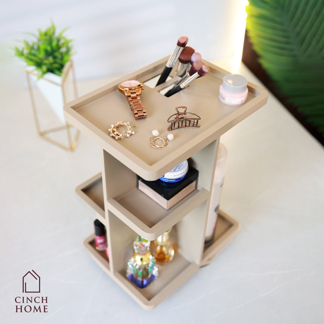 360 degree makeup organizer, rotating skincare organizer, taupe vanity organizer, bathroom counter organizer, dressing table storage, beauty product storage rack, makeup holder stand, skincare storage shelf, cosmetics organizer for vanity, Cinch Home makeup organizer