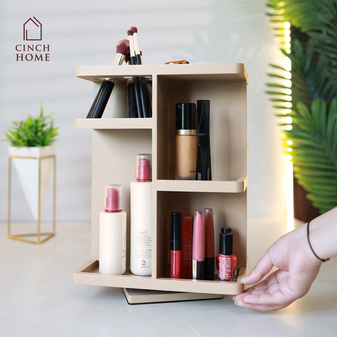 360 degree makeup organizer, rotating skincare organizer, taupe vanity organizer, bathroom counter organizer, dressing table storage, beauty product storage rack, makeup holder stand, skincare storage shelf, cosmetics organizer for vanity, Cinch Home makeup organizer