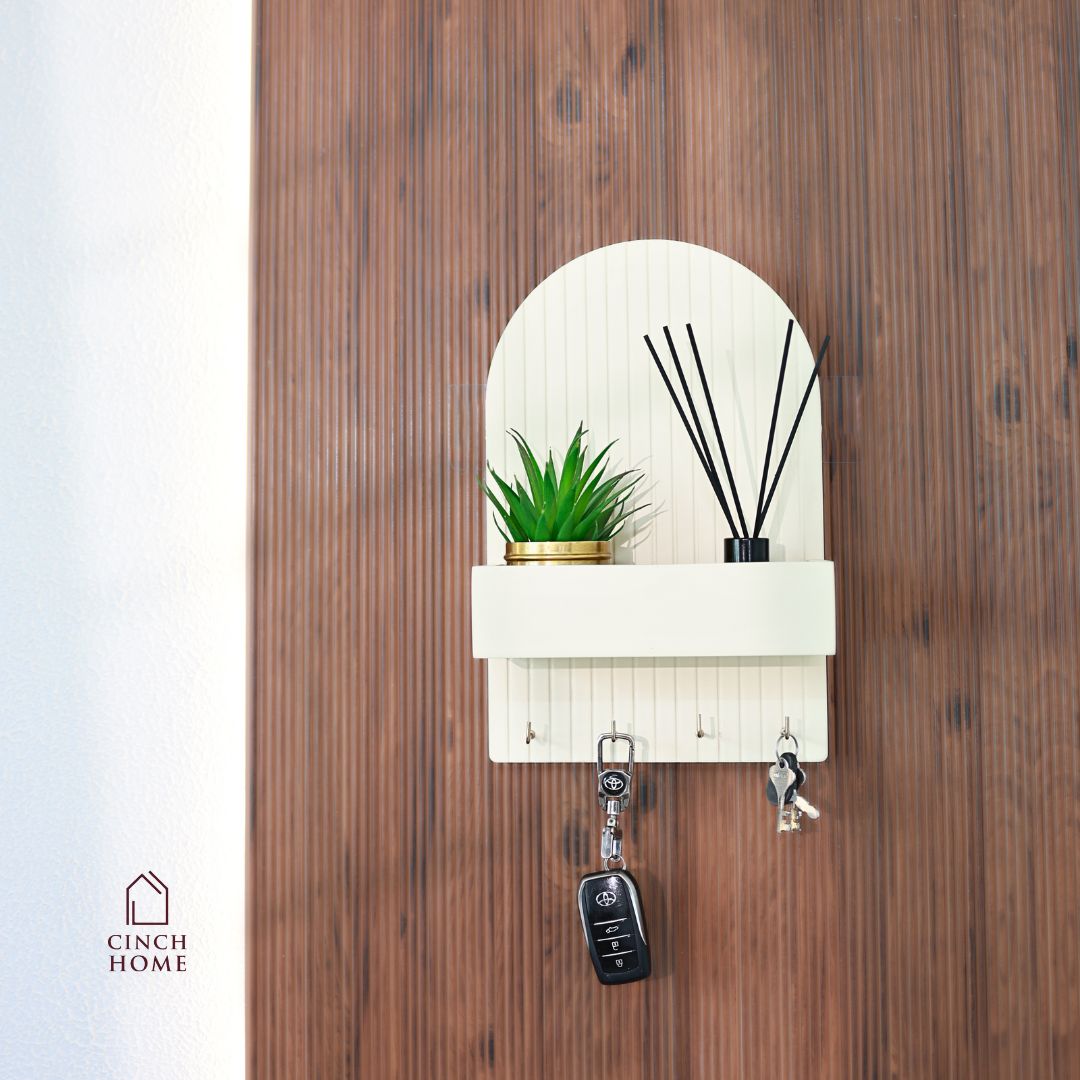 wall-mounted key holder, entryway organizer, key rack with shelf, home decor organizer, MDF key hanger, fluted design key shelf, key hooks with planter, black key holder, space-saving key organizer, key rack for wall, modern wall organizer