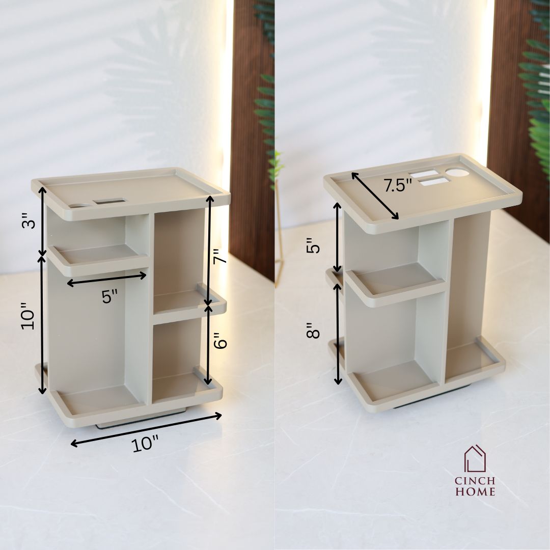 360 degree makeup organizer, rotating skincare organizer, taupe vanity organizer, bathroom counter organizer, dressing table storage, beauty product storage rack, makeup holder stand, skincare storage shelf, cosmetics organizer for vanity, Cinch Home makeup organizer
