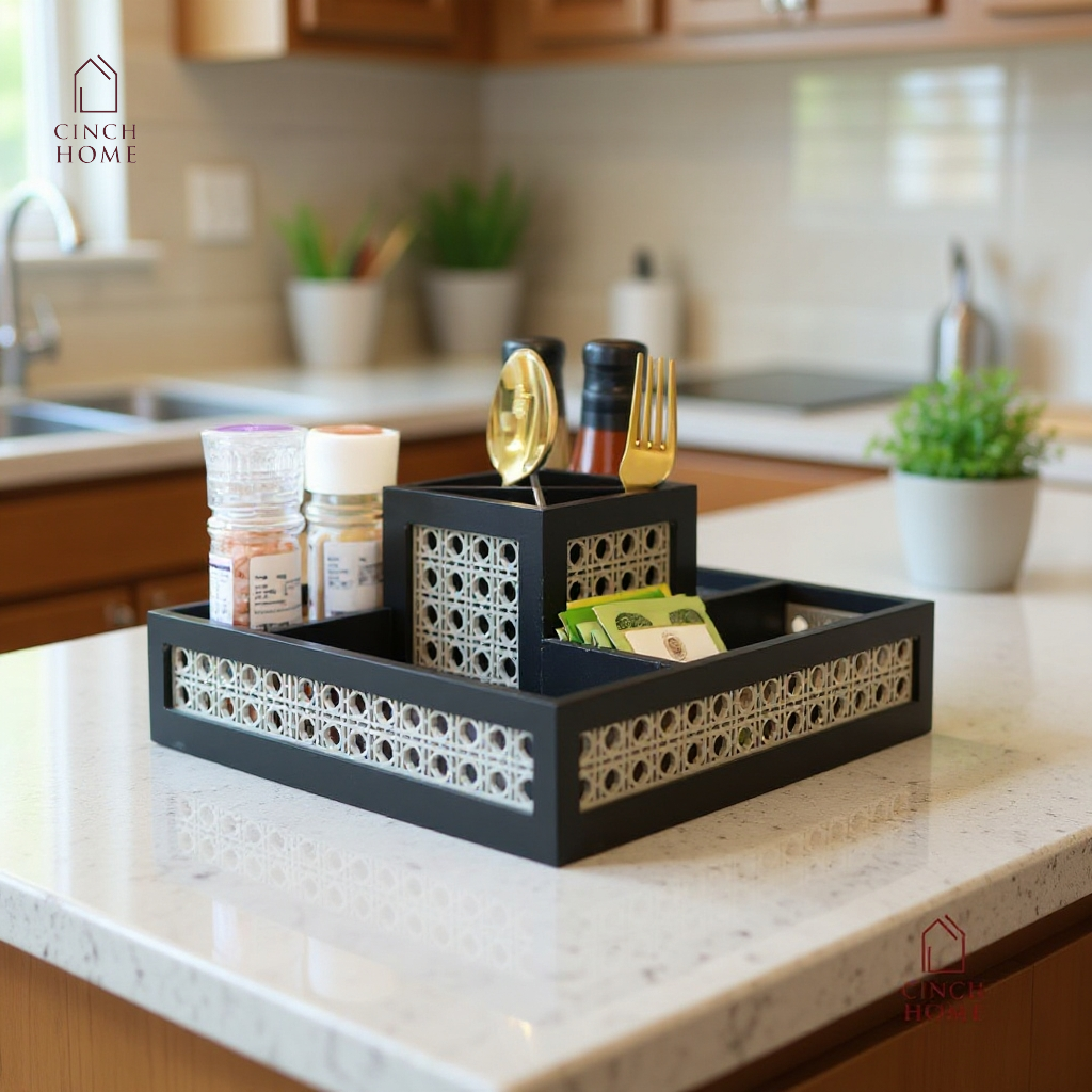 rattan organizer box, wooden organizer with cane weave, dining table organizer, kitchen condiment holder, cutlery organizer, makeup brush holder, vanity organizer, multipurpose table organizer, desk organizer, handmade rattan storage box, home décor organizer India, CinchHome rattan organizer, premium wooden organizer.