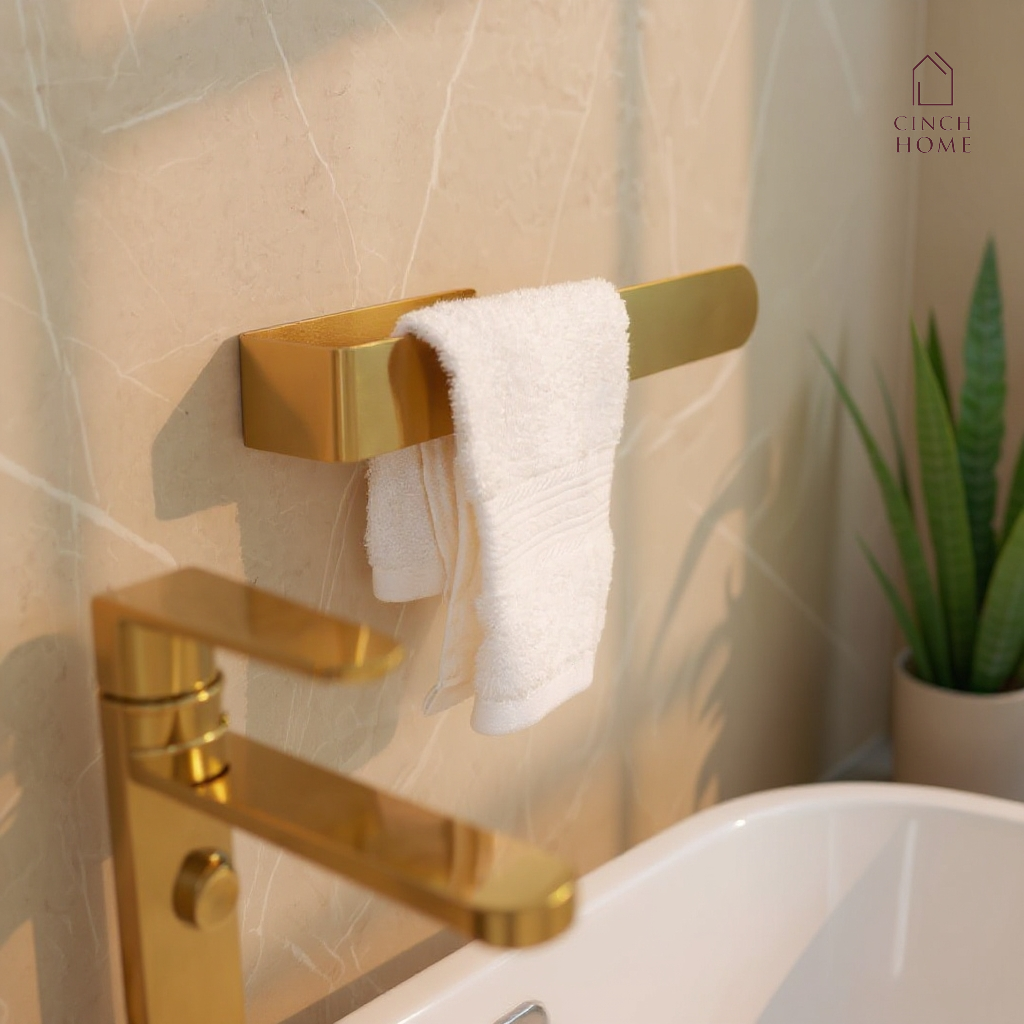 gold towel holder, peel and stick towel rack, self adhesive towel stand, no drill towel holder India, bathroom towel holder, stainless steel gold rack, CinchHome towel holder, wall mounted towel bar, modern bathroom accessories, gold bathroom décor