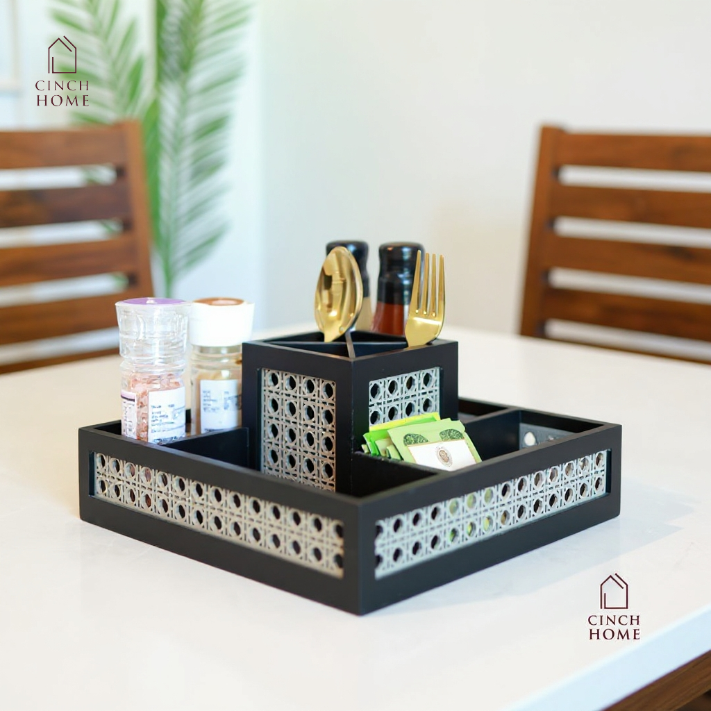 rattan organizer box, wooden organizer with cane weave, dining table organizer, kitchen condiment holder, cutlery organizer, makeup brush holder, vanity organizer, multipurpose table organizer, desk organizer, handmade rattan storage box, home décor organizer India, CinchHome rattan organizer, premium wooden organizer.