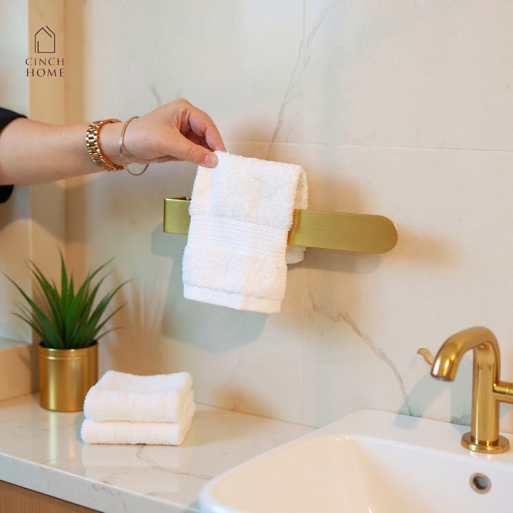 gold towel holder, peel and stick towel rack, self adhesive towel stand, no drill towel holder India, bathroom towel holder, stainless steel gold rack, CinchHome towel holder, wall mounted towel bar, modern bathroom accessories, gold bathroom décor