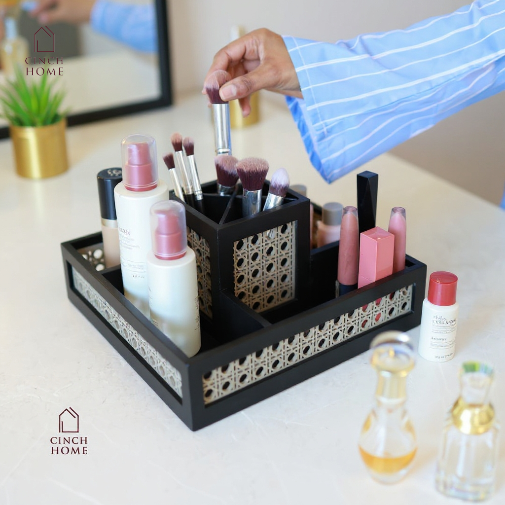rattan organizer box, wooden organizer with cane weave, dining table organizer, kitchen condiment holder, cutlery organizer, makeup brush holder, vanity organizer, multipurpose table organizer, desk organizer, handmade rattan storage box, home décor organizer India, CinchHome rattan organizer, premium wooden organizer.