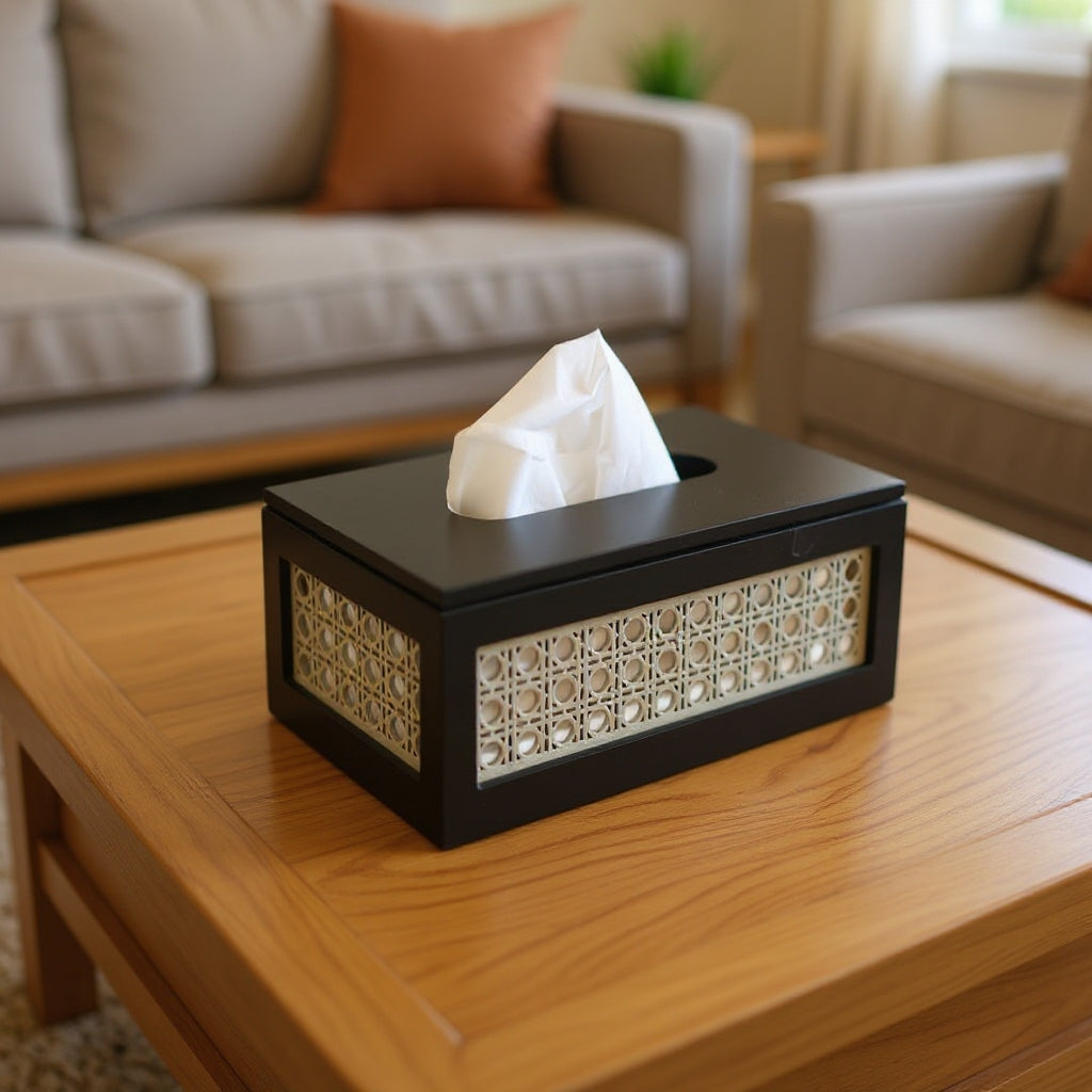 rattan tissue box, wooden tissue holder, cane tissue box, handmade tissue box, living room décor, dining table tissue holder, premium wooden tissue box, car tissue box, tissue dispenser India, rattan home décor, modern tissue holder, CinchHome tissue box.