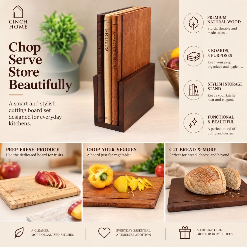 Book Shelf Wooden Chopping Boards– Set of 3 with Stand