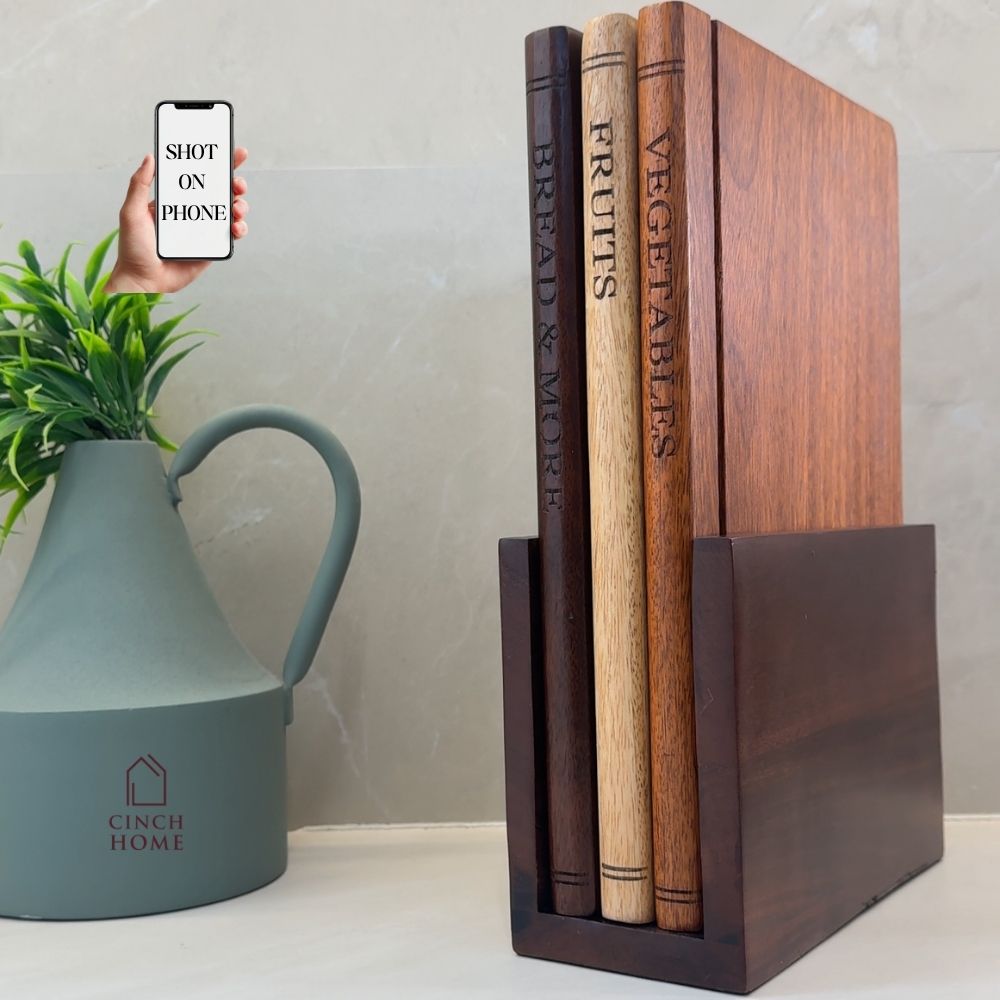 Book Shelf Wooden Chopping Boards– Set of 3 with Stand