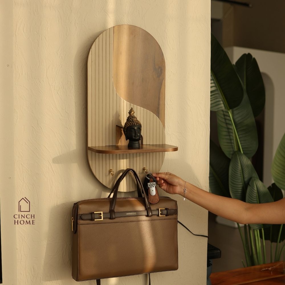 illuminated wall organizer, oval wall organizer, wall key holder, key holder with shelf, key holder with hooks, wall organizer with light, entryway organizer, wall shelf with hooks, ambient wall light, decorative wall shelf, towel hanger, wall mounted organizer, hallway organizer, foyer organizer, bedroom wall organizer, modern wall decor, luxury wall organizer, premium wall decor, wooden wall shelf, key hooks for wall, multifunctional wall organizer, Cinch Home wall organizer