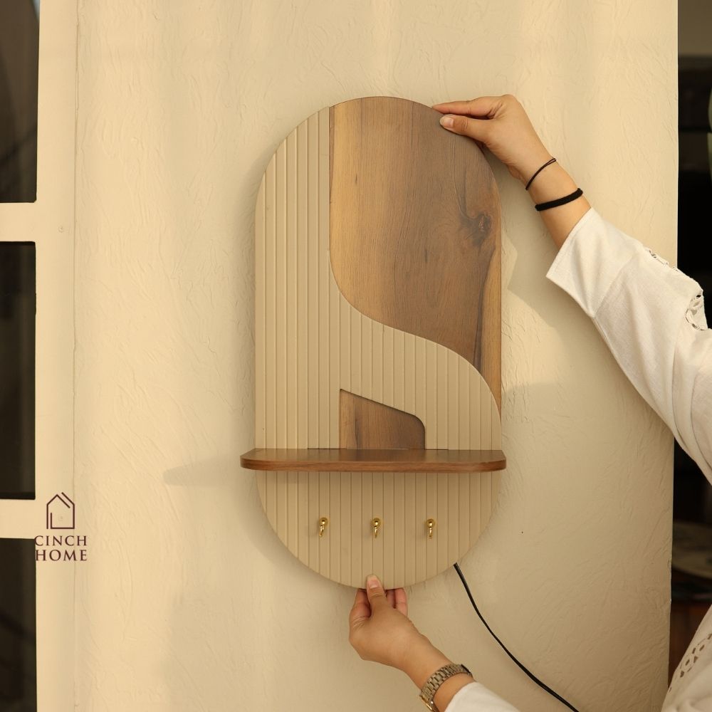 illuminated wall organizer, oval wall organizer, wall key holder, key holder with shelf, key holder with hooks, wall organizer with light, entryway organizer, wall shelf with hooks, ambient wall light, decorative wall shelf, towel hanger, wall mounted organizer, hallway organizer, foyer organizer, bedroom wall organizer, modern wall decor, luxury wall organizer, premium wall decor, wooden wall shelf, key hooks for wall, multifunctional wall organizer, Cinch Home wall organizer