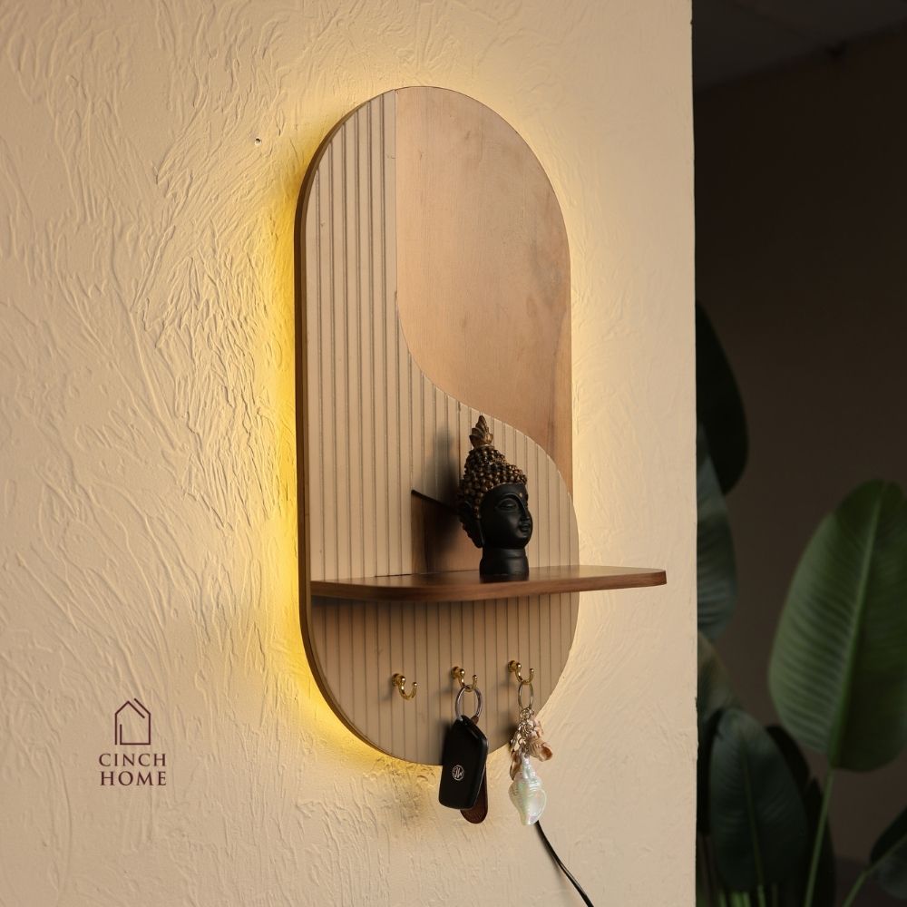 illuminated wall organizer, oval wall organizer, wall key holder, key holder with shelf, key holder with hooks, wall organizer with light, entryway organizer, wall shelf with hooks, ambient wall light, decorative wall shelf, towel hanger, wall mounted organizer, hallway organizer, foyer organizer, bedroom wall organizer, modern wall decor, luxury wall organizer, premium wall decor, wooden wall shelf, key hooks for wall, multifunctional wall organizer, Cinch Home wall organizer