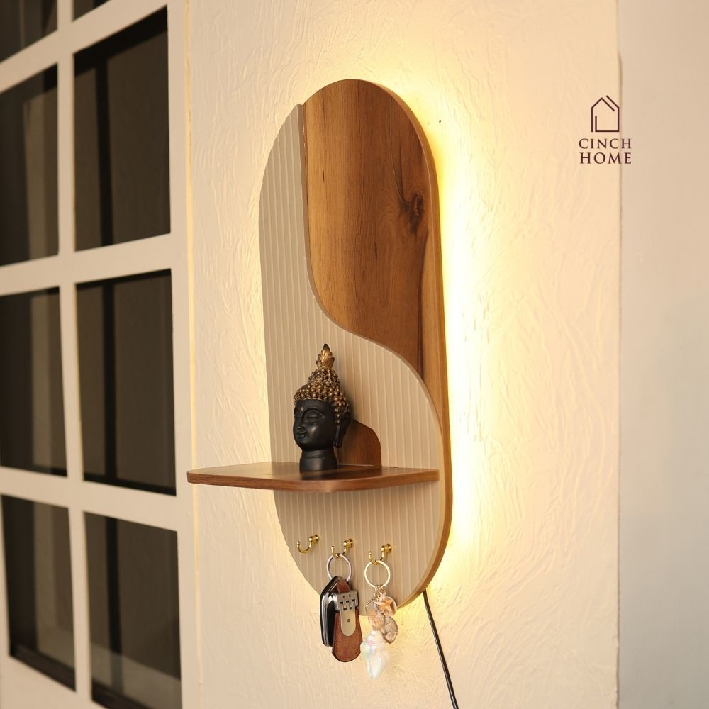 illuminated wall organizer, oval wall organizer, wall key holder, key holder with shelf, key holder with hooks, wall organizer with light, entryway organizer, wall shelf with hooks, ambient wall light, decorative wall shelf, towel hanger, wall mounted organizer, hallway organizer, foyer organizer, bedroom wall organizer, modern wall decor, luxury wall organizer, premium wall decor, wooden wall shelf, key hooks for wall, multifunctional wall organizer, Cinch Home wall organizer