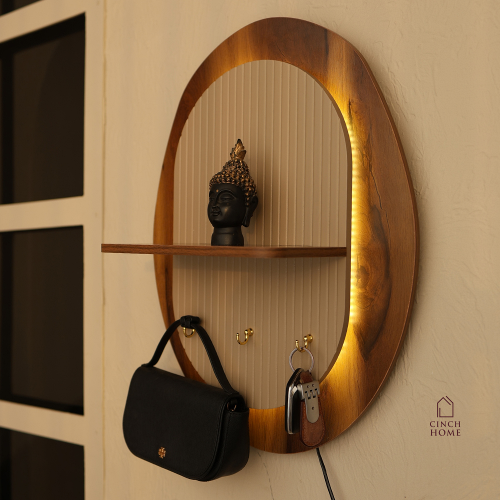 illuminated wall organizer, oval wall organizer, wall key holder, key holder with shelf, key holder with hooks, wall organizer with light, entryway organizer, wall shelf with hooks, ambient wall light, decorative wall shelf, towel hanger, wall mounted organizer, hallway organizer, foyer organizer, bedroom wall organizer, modern wall decor, luxury wall organizer, premium wall decor, wooden wall shelf, key hooks for wall, multifunctional wall organizer, Cinch Home wall organizer