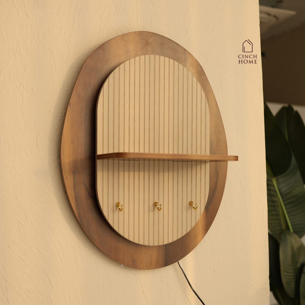 illuminated wall organizer, oval wall organizer, wall key holder, key holder with shelf, key holder with hooks, wall organizer with light, entryway organizer, wall shelf with hooks, ambient wall light, decorative wall shelf, towel hanger, wall mounted organizer, hallway organizer, foyer organizer, bedroom wall organizer, modern wall decor, luxury wall organizer, premium wall decor, wooden wall shelf, key hooks for wall, multifunctional wall organizer, Cinch Home wall organizer
