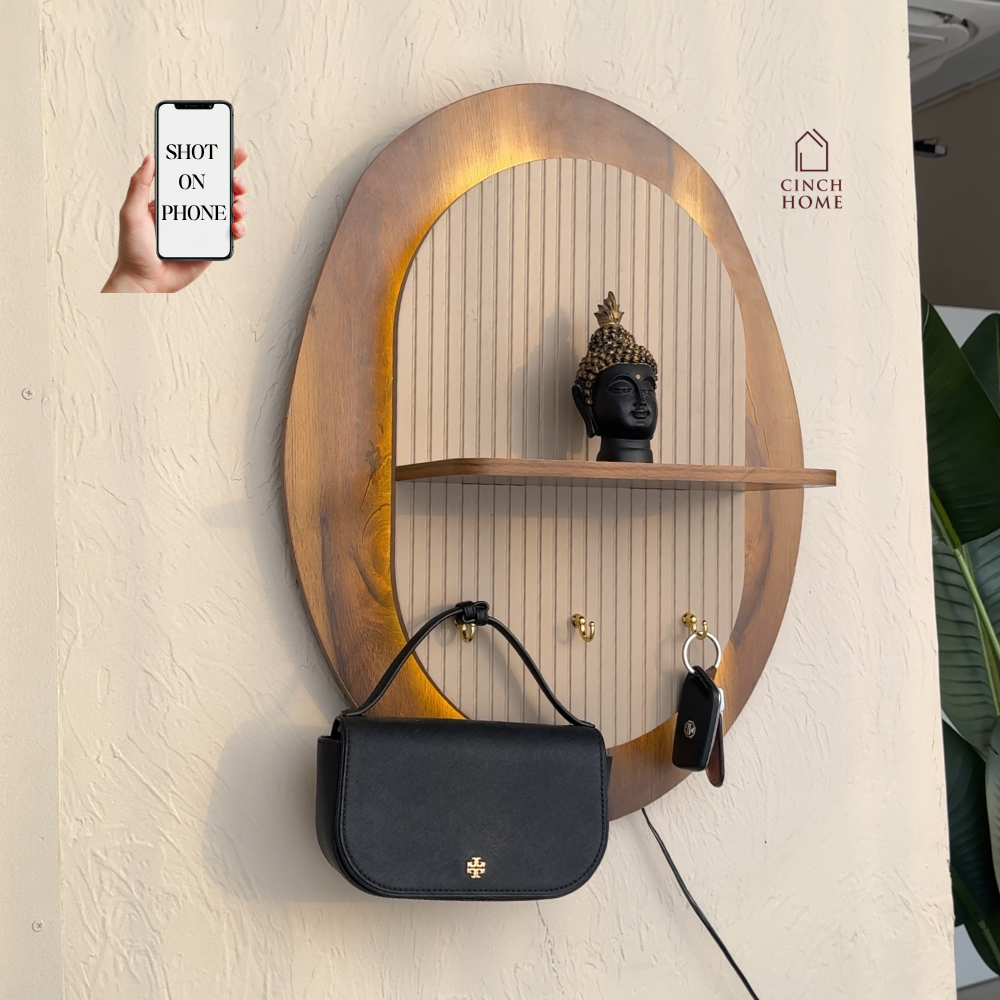 illuminated wall organizer, oval wall organizer, wall key holder, key holder with shelf, key holder with hooks, wall organizer with light, entryway organizer, wall shelf with hooks, ambient wall light, decorative wall shelf, towel hanger, wall mounted organizer, hallway organizer, foyer organizer, bedroom wall organizer, modern wall decor, luxury wall organizer, premium wall decor, wooden wall shelf, key hooks for wall, multifunctional wall organizer, Cinch Home wall organizer