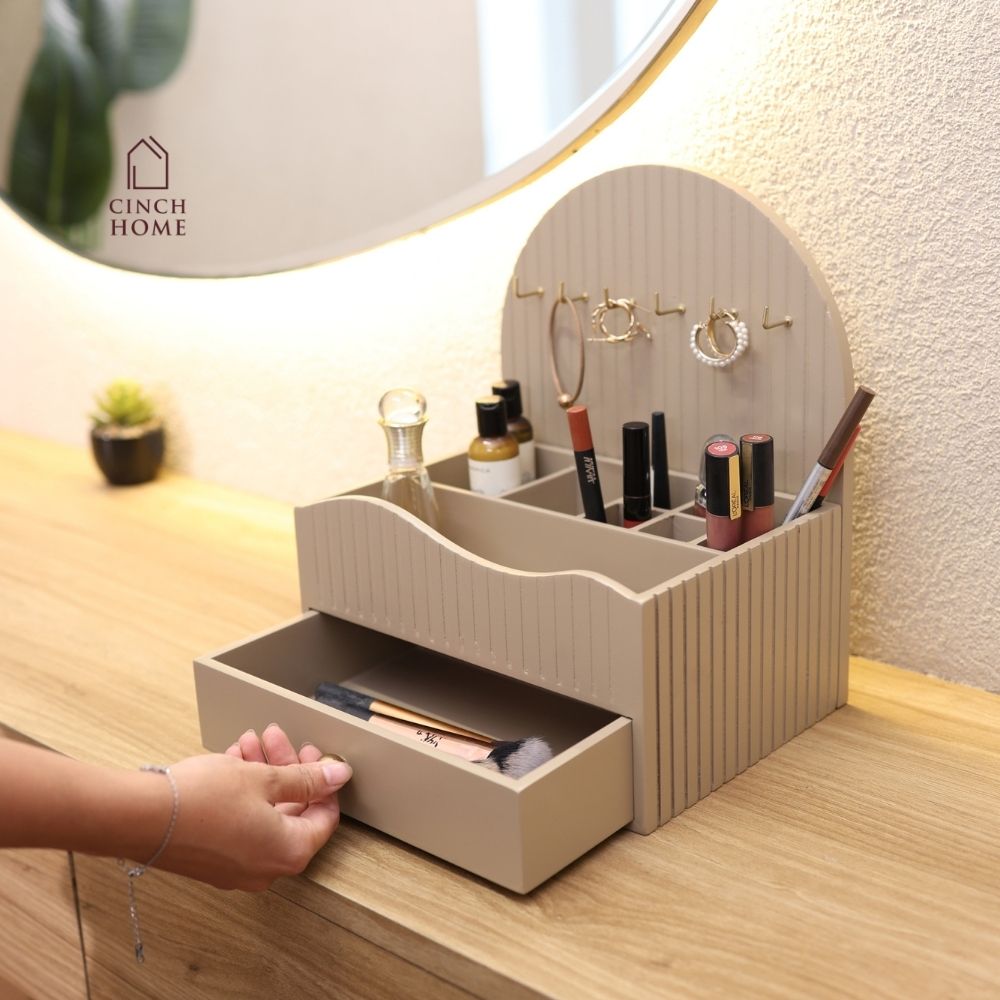 makeup organizer, vanity organizer, cosmetic organizer, makeup storage, cosmetic storage box, makeup organizer with drawer, jewellery organizer, jewelry organizer, jewellery hooks, lipstick organizer, makeup brush holder, skincare organizer, perfume organizer, dressing table organizer, vanity storage, beauty organizer, cosmetic holder, makeup stand, makeup box, fluted organizer, beige makeup organizer, drawer organizer, vanity accessories, dressing table accessories, Cinch Home makeup organizer