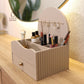 makeup organizer, vanity organizer, cosmetic organizer, makeup storage, cosmetic storage box, makeup organizer with drawer, jewellery organizer, jewelry organizer, jewellery hooks, lipstick organizer, makeup brush holder, skincare organizer, perfume organizer, dressing table organizer, vanity storage, beauty organizer, cosmetic holder, makeup stand, makeup box, fluted organizer, beige makeup organizer, drawer organizer, vanity accessories, dressing table accessories, Cinch Home makeup organizer