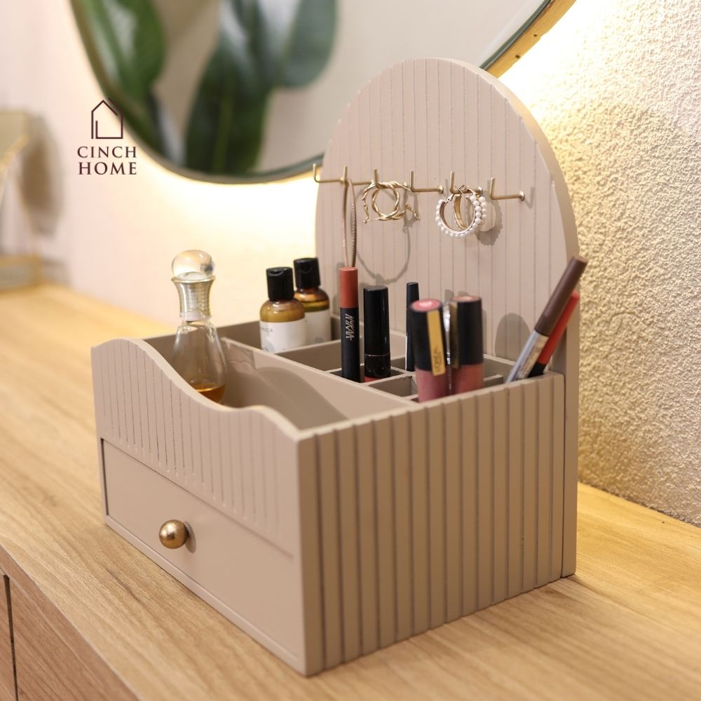 makeup organizer, vanity organizer, cosmetic organizer, makeup storage, cosmetic storage box, makeup organizer with drawer, jewellery organizer, jewelry organizer, jewellery hooks, lipstick organizer, makeup brush holder, skincare organizer, perfume organizer, dressing table organizer, vanity storage, beauty organizer, cosmetic holder, makeup stand, makeup box, fluted organizer, beige makeup organizer, drawer organizer, vanity accessories, dressing table accessories, Cinch Home makeup organizer
