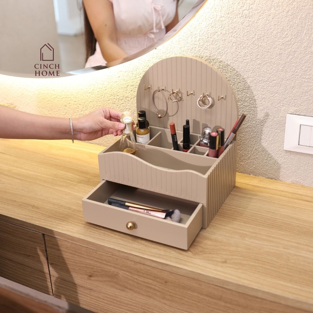 Fluted Vanity & Makeup Organizer with Jewellery Hooks & Drawer