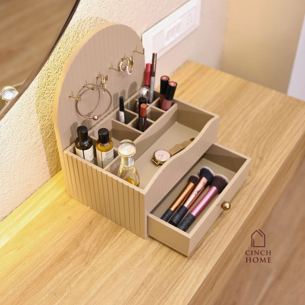 makeup organizer, vanity organizer, cosmetic organizer, makeup storage, cosmetic storage box, makeup organizer with drawer, jewellery organizer, jewelry organizer, jewellery hooks, lipstick organizer, makeup brush holder, skincare organizer, perfume organizer, dressing table organizer, vanity storage, beauty organizer, cosmetic holder, makeup stand, makeup box, fluted organizer, beige makeup organizer, drawer organizer, vanity accessories, dressing table accessories, Cinch Home makeup organizer