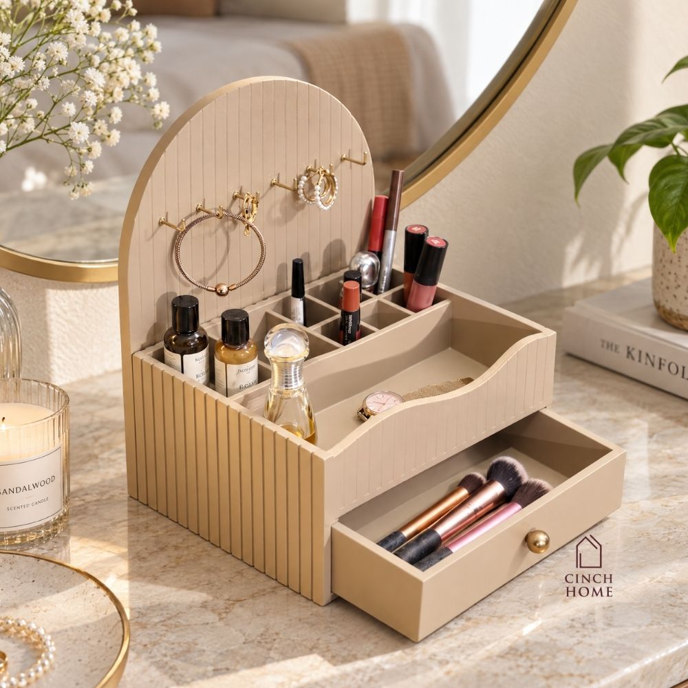 makeup organizer, vanity organizer, cosmetic organizer, makeup storage, cosmetic storage box, makeup organizer with drawer, jewellery organizer, jewelry organizer, jewellery hooks, lipstick organizer, makeup brush holder, skincare organizer, perfume organizer, dressing table organizer, vanity storage, beauty organizer, cosmetic holder, makeup stand, makeup box, fluted organizer, beige makeup organizer, drawer organizer, vanity accessories, dressing table accessories, Cinch Home makeup organizer