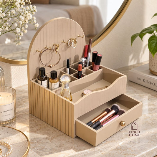 makeup organizer, vanity organizer, cosmetic organizer, makeup storage, cosmetic storage box, makeup organizer with drawer, jewellery organizer, jewelry organizer, jewellery hooks, lipstick organizer, makeup brush holder, skincare organizer, perfume organizer, dressing table organizer, vanity storage, beauty organizer, cosmetic holder, makeup stand, makeup box, fluted organizer, beige makeup organizer, drawer organizer, vanity accessories, dressing table accessories, Cinch Home makeup organizer