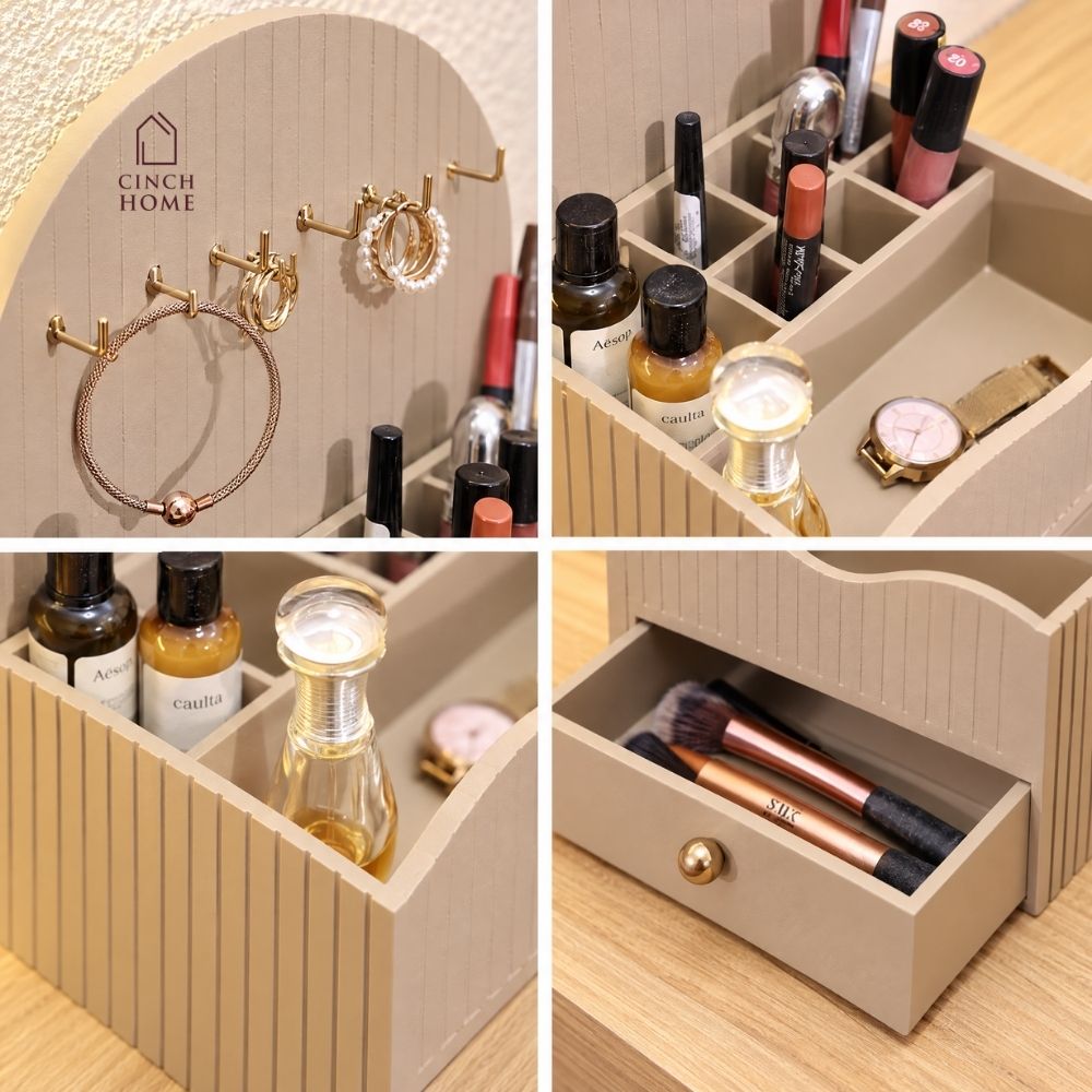 makeup organizer, vanity organizer, cosmetic organizer, makeup storage, cosmetic storage box, makeup organizer with drawer, jewellery organizer, jewelry organizer, jewellery hooks, lipstick organizer, makeup brush holder, skincare organizer, perfume organizer, dressing table organizer, vanity storage, beauty organizer, cosmetic holder, makeup stand, makeup box, fluted organizer, beige makeup organizer, drawer organizer, vanity accessories, dressing table accessories, Cinch Home makeup organizer
