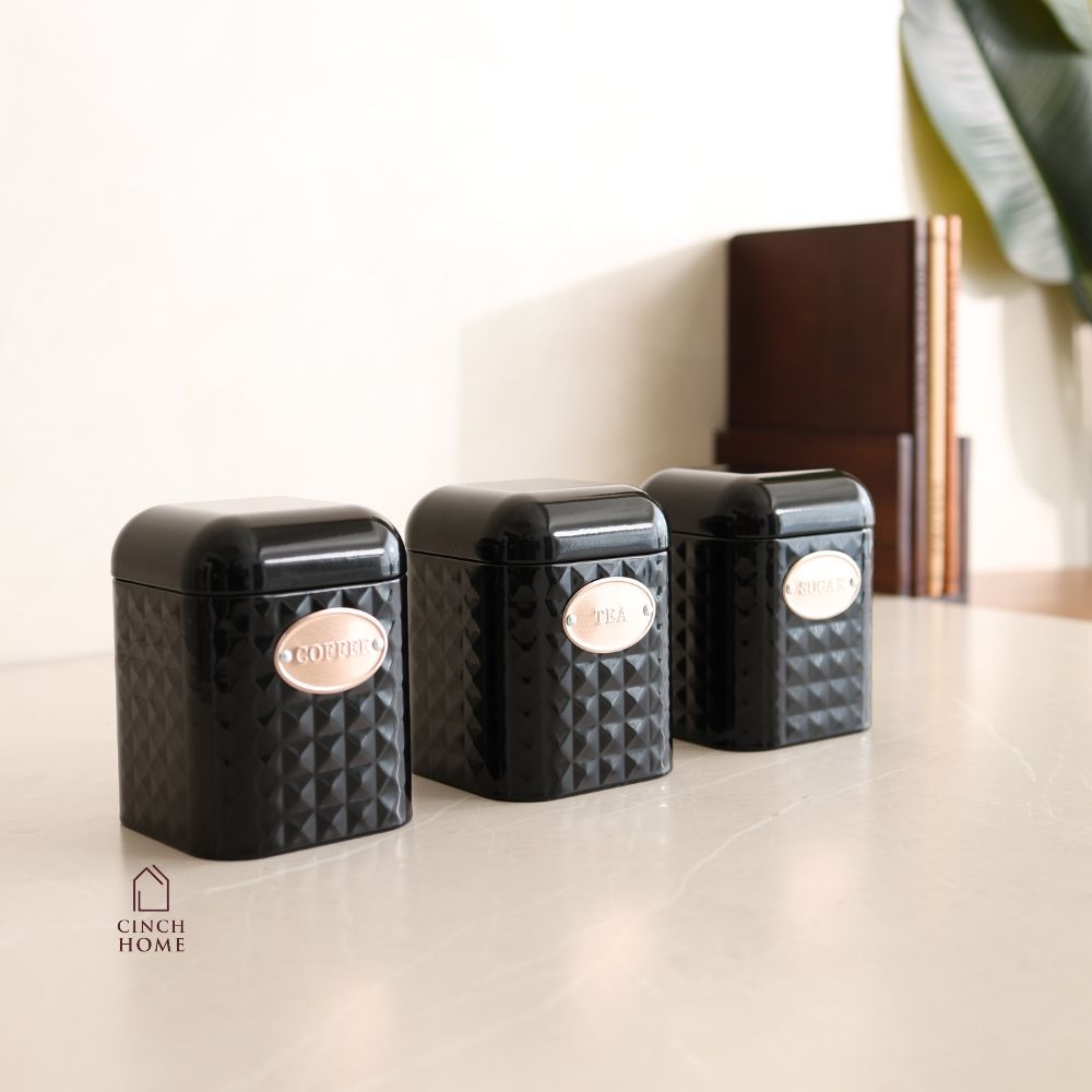 Textured Black Tea, Coffee & Sugar Canister Set – Set of 3