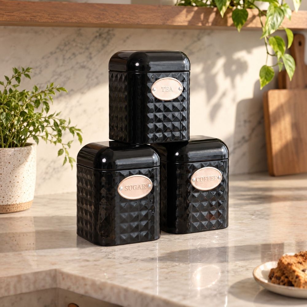 Textured Black Tea, Coffee & Sugar Canister Set – Set of 3
