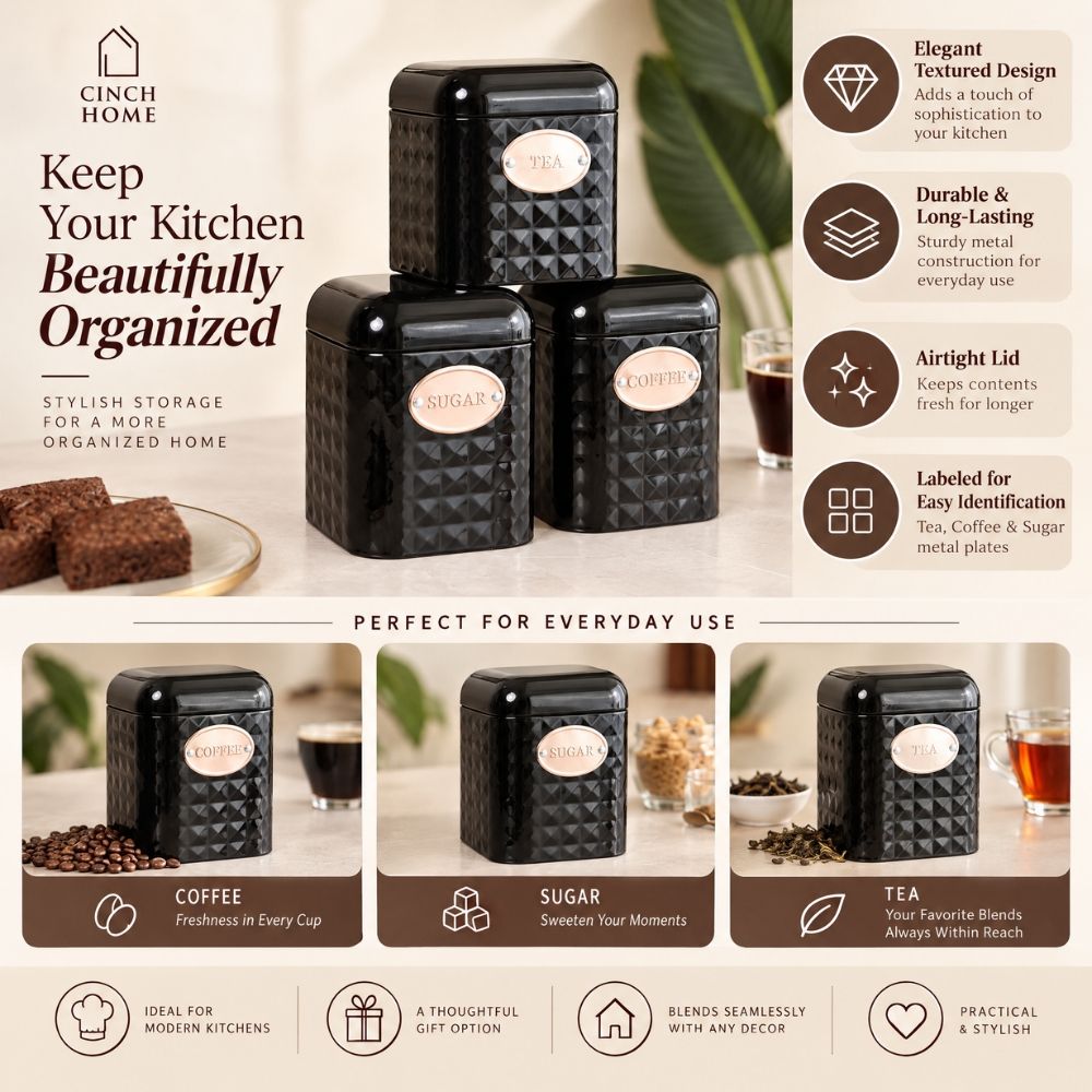 Textured Black Tea, Coffee & Sugar Canister Set – Set of 3