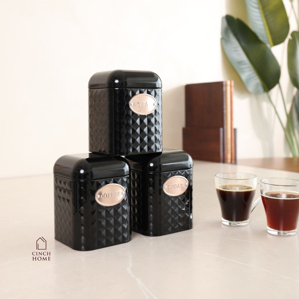 Textured Black Tea, Coffee & Sugar Canister Set – Set of 3