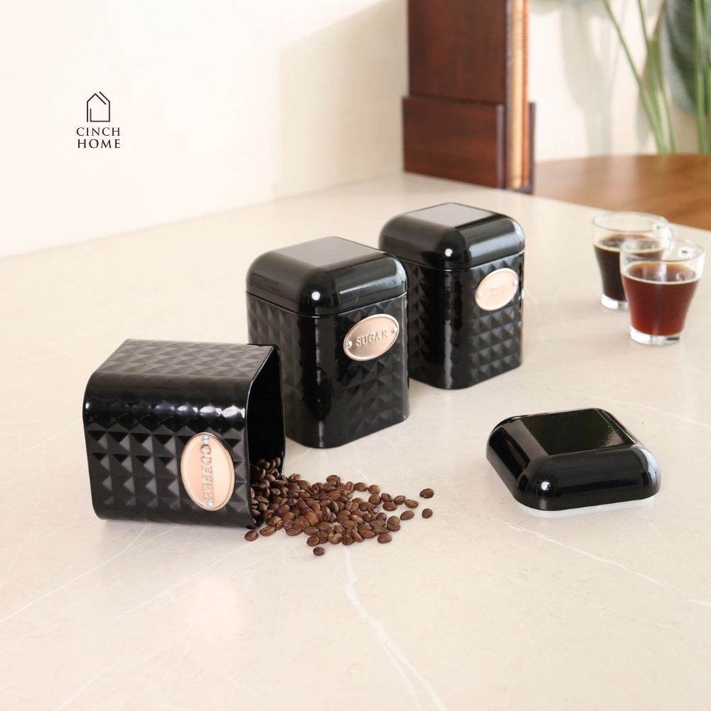 Textured Black Tea, Coffee & Sugar Canister Set – Set of 3