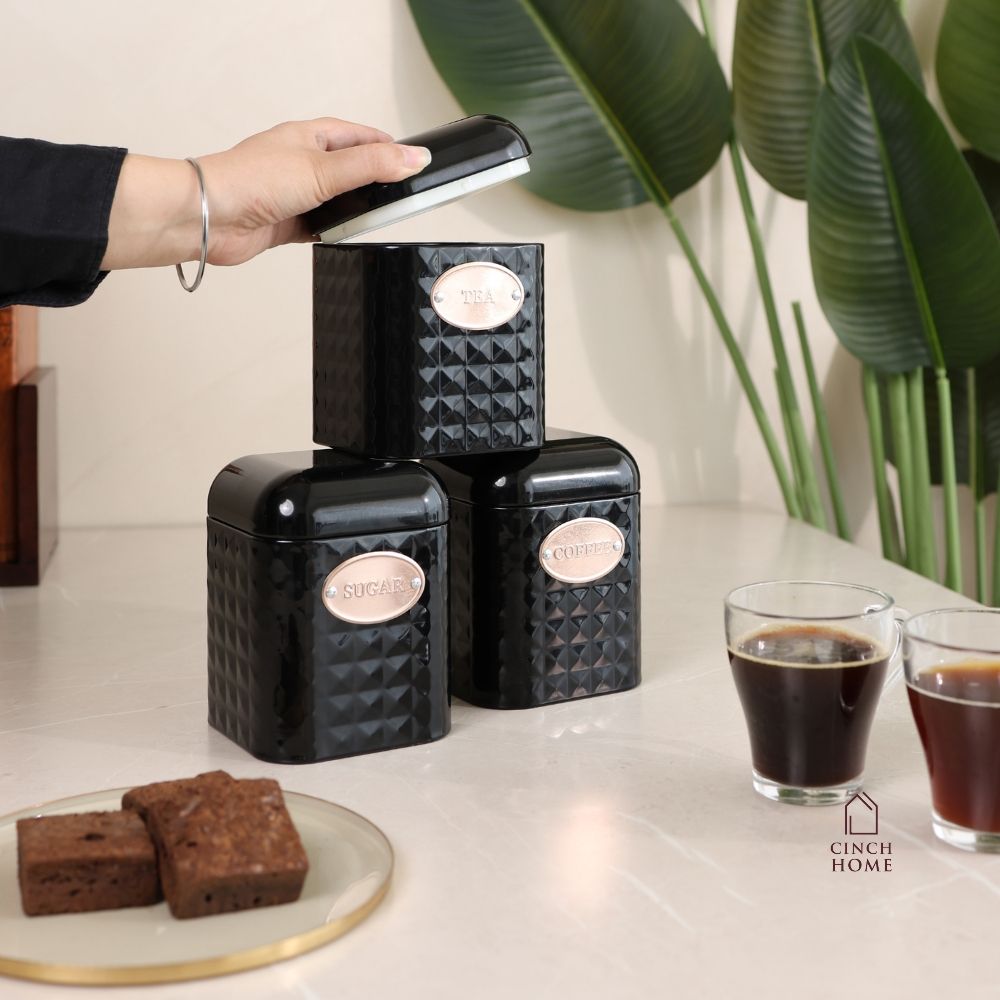 Textured Black Tea, Coffee & Sugar Canister Set – Set of 3