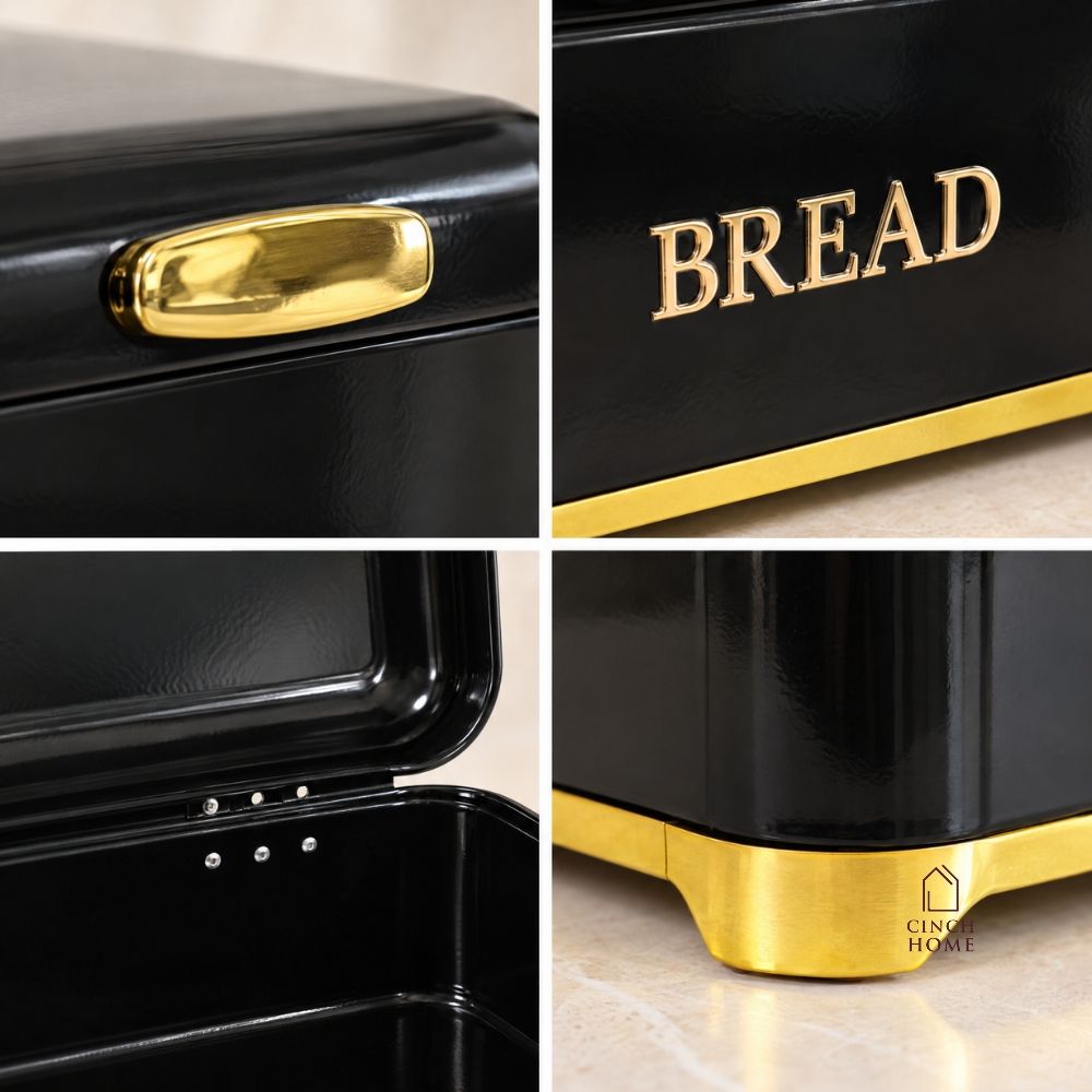 black bread box, bread storage container, bread box with lid, kitchen bread storage, bread bin for kitchen, black bread bin, bread storage box, premium bread box, luxury kitchen accessories, black and gold bread box, kitchen countertop organizer, bread keeper, bakery storage container, bread loaf holder, kitchen storage box, modern kitchen decor, countertop bread bin, food storage container, bread organizer, kitchen organization, housewarming gift, Diwali gift, Cinch Home Copy keywords
