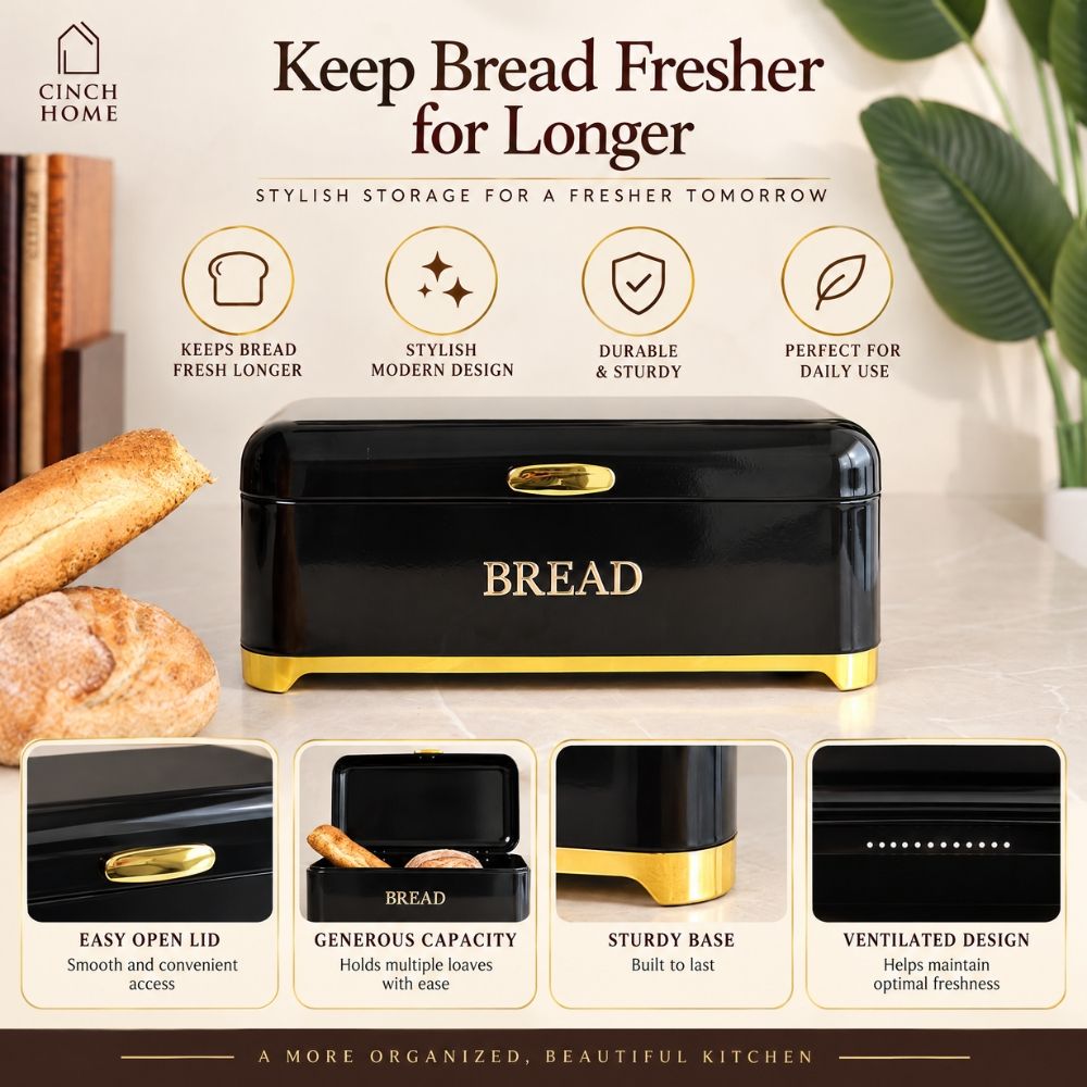 black bread box, bread storage container, bread box with lid, kitchen bread storage, bread bin for kitchen, black bread bin, bread storage box, premium bread box, luxury kitchen accessories, black and gold bread box, kitchen countertop organizer, bread keeper, bakery storage container, bread loaf holder, kitchen storage box, modern kitchen decor, countertop bread bin, food storage container, bread organizer, kitchen organization, housewarming gift, Diwali gift, Cinch Home Copy keywords