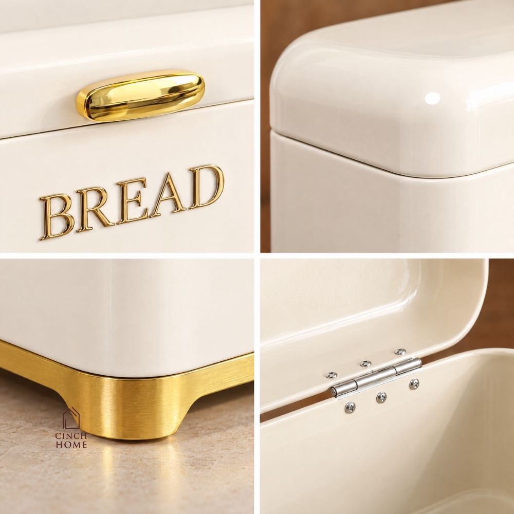 black bread box, bread storage container, bread box with lid, kitchen bread storage, bread bin for kitchen, black bread bin, bread storage box, premium bread box, luxury kitchen accessories, black and gold bread box, kitchen countertop organizer, bread keeper, bakery storage container, bread loaf holder, kitchen storage box, modern kitchen decor, countertop bread bin, food storage container, bread organizer, kitchen organization, housewarming gift, Diwali gift, Cinch Home Copy keywords