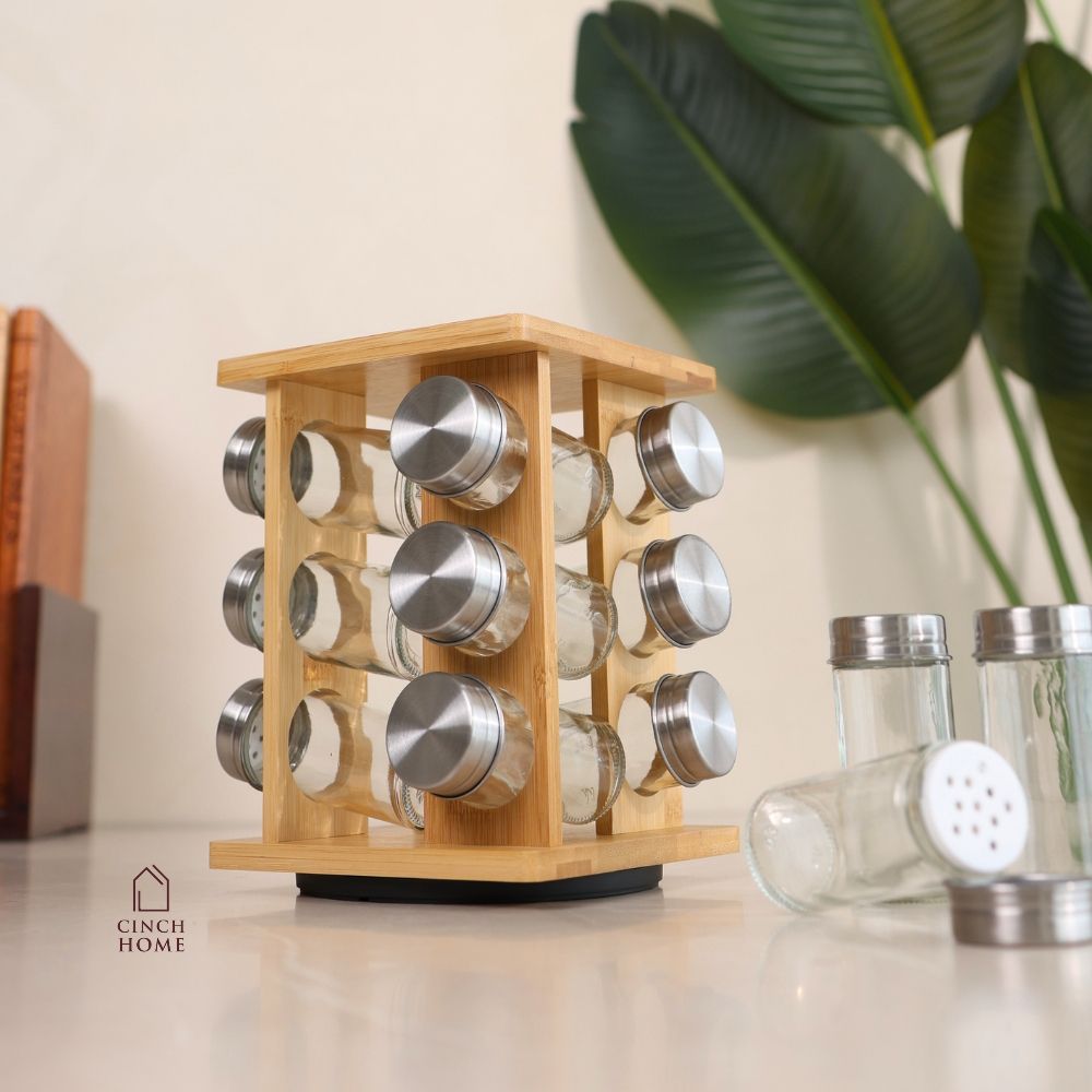 Rotating Spice Rack with 12 Glass Spice Jars – Cinch Home