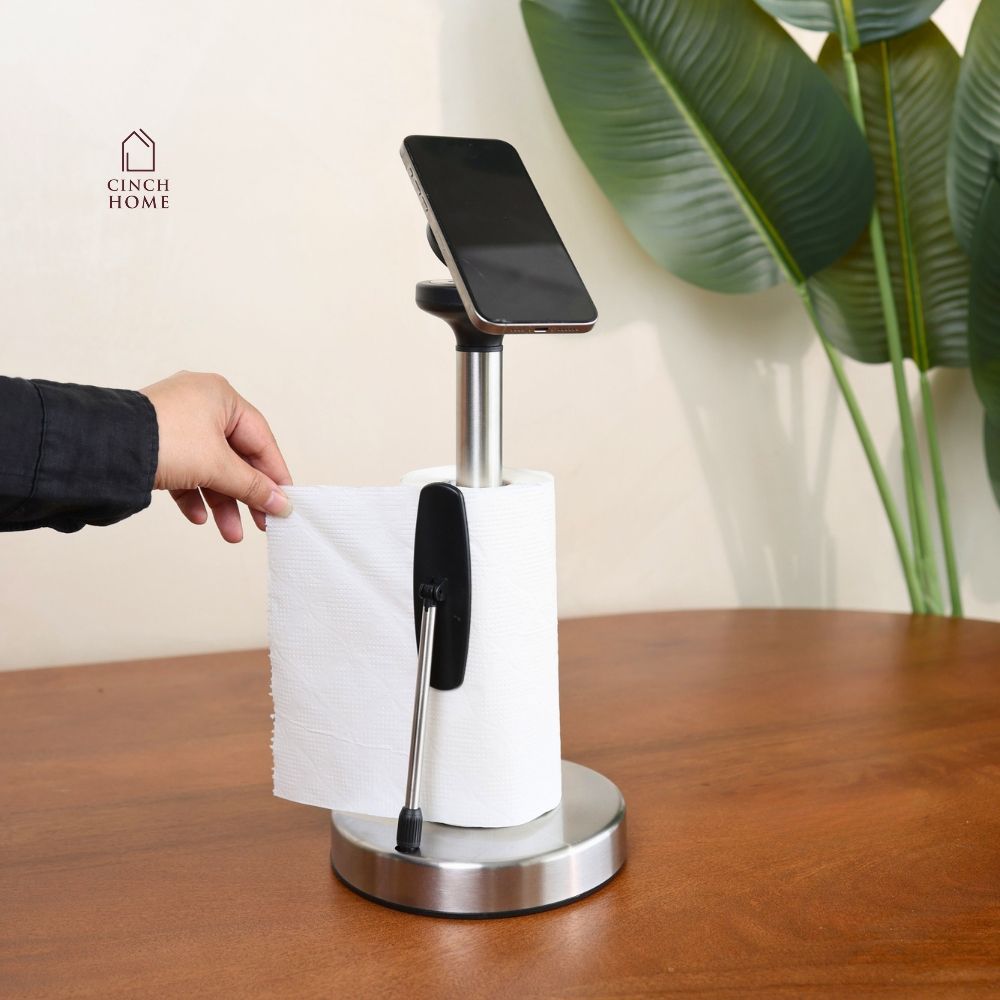kitchen paper towel holder, stainless steel tissue holder, kitchen tissue stand, paper towel stand, kitchen roll holder, countertop paper towel holder, paper towel holder with phone stand, mobile phone holder, kitchen phone stand, tissue roll holder, kitchen countertop organizer, kitchen accessories, multifunctional kitchen stand, hands free phone holder, kitchen roll stand, paper towel dispenser, modern kitchen accessories, countertop tissue holder, cooking phone stand, Cinch Home kitchen accessories