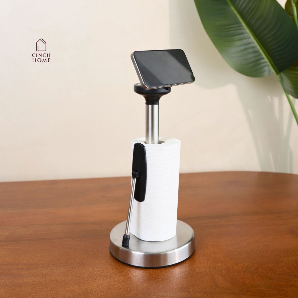 kitchen paper towel holder, stainless steel tissue holder, kitchen tissue stand, paper towel stand, kitchen roll holder, countertop paper towel holder, paper towel holder with phone stand, mobile phone holder, kitchen phone stand, tissue roll holder, kitchen countertop organizer, kitchen accessories, multifunctional kitchen stand, hands free phone holder, kitchen roll stand, paper towel dispenser, modern kitchen accessories, countertop tissue holder, cooking phone stand, Cinch Home kitchen accessories