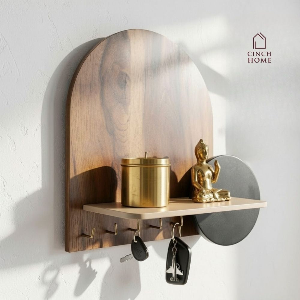 wooden key holder, wall mounted key holder, key holder with shelf, modern key holder, entryway organizer, wall key hanger, decorative key holder, key holder for wall, wooden wall shelf with hooks, home decor key holder, entryway wall decor, key stand for wall, key organizer for home, luxury key holder, minimal wall shelf, wall mounted organizer, wooden key hanger India, modern home decor accessories