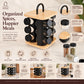 bamboo spice rack, rotating spice rack, spice rack with jars, 12 jar spice rack, glass spice jars, wooden spice rack, rotating masala rack, masala box organizer, kitchen spice organizer, spice jar set, spice storage rack, countertop spice rack, kitchen countertop organizer, stainless steel lid jars, Indian spice rack, masala storage containers, kitchen storage organizer, rotating kitchen organizer, herb and spice jars, pantry organizer, modern kitchen accessories, kitchen organization, Cinch Home Copy keywo