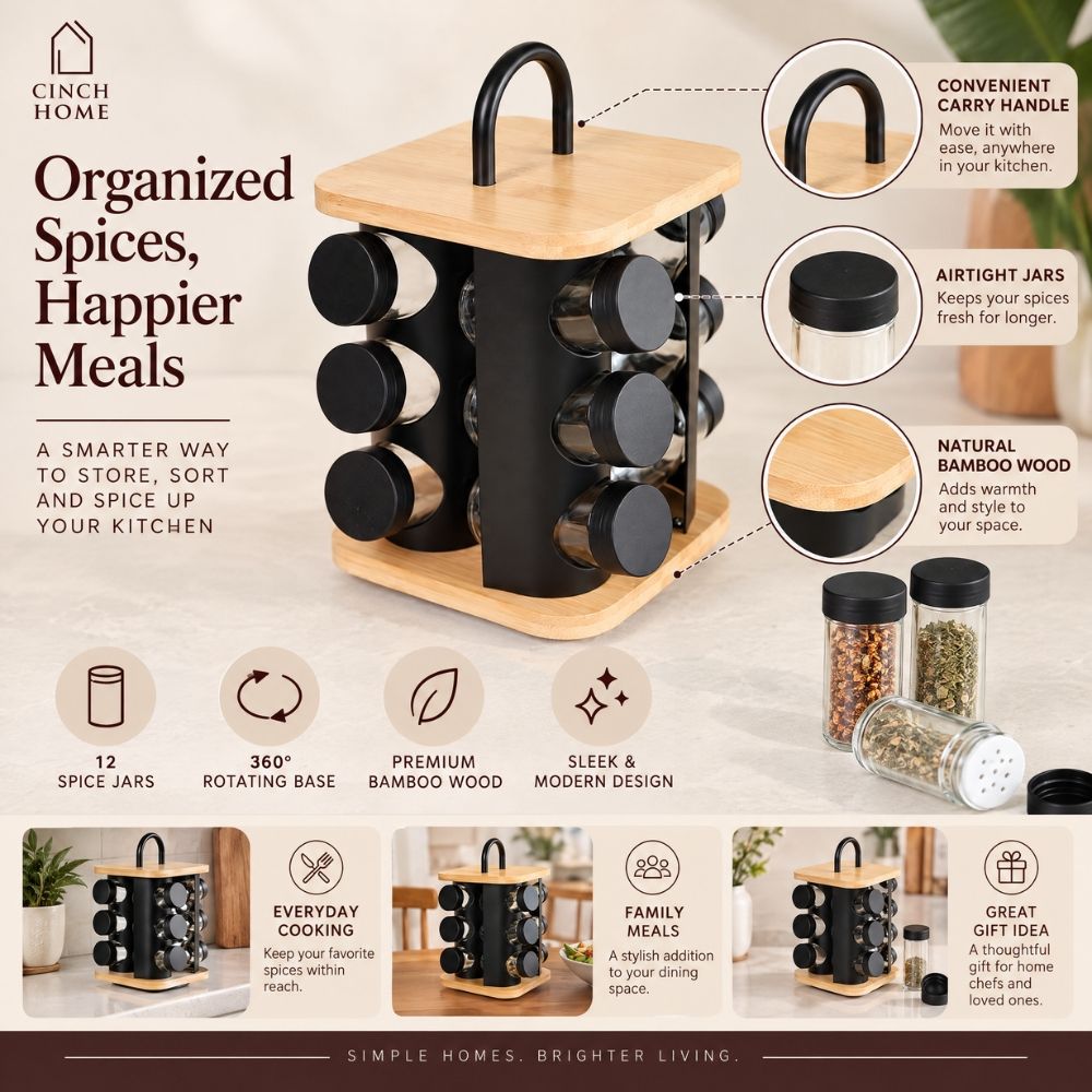 bamboo spice rack, rotating spice rack, spice rack with jars, 12 jar spice rack, glass spice jars, wooden spice rack, rotating masala rack, masala box organizer, kitchen spice organizer, spice jar set, spice storage rack, countertop spice rack, kitchen countertop organizer, stainless steel lid jars, Indian spice rack, masala storage containers, kitchen storage organizer, rotating kitchen organizer, herb and spice jars, pantry organizer, modern kitchen accessories, kitchen organization, Cinch Home Copy keywo