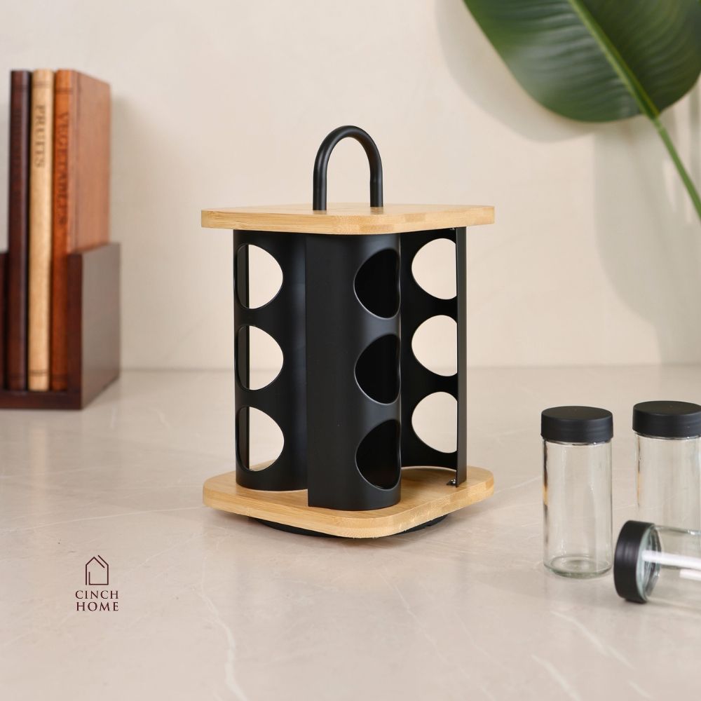 Bamboo Rotating Spice Rack with 12 Glass Spice Jars- black handle