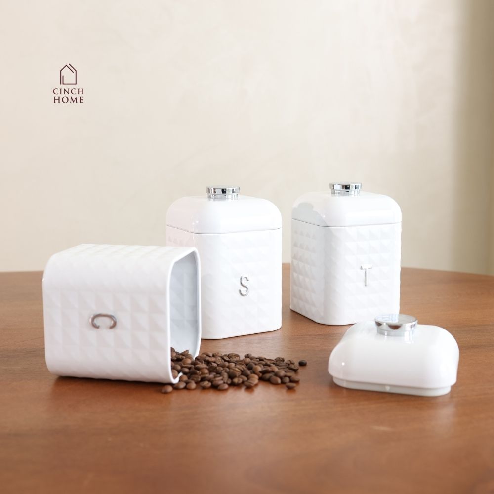Textured White Tea, Coffee & Sugar Canister Set with knob– Set of 3