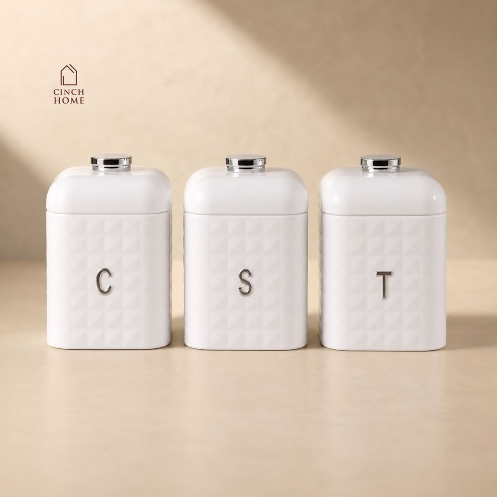 Textured White Tea, Coffee & Sugar Canister Set with knob– Set of 3