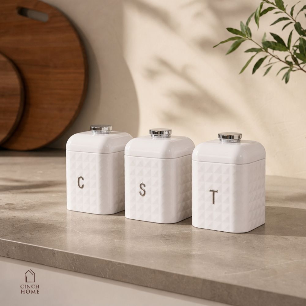 Textured White Tea, Coffee & Sugar Canister Set with knob– Set of 3