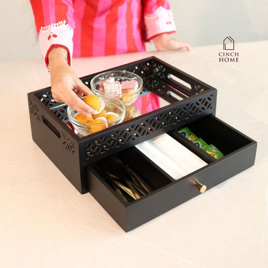 coffee table organizer, coffee table tray, sofa tray, serving tray, wooden serving tray, living room organizer, coffee table storage, 2 tier tray, serving tray with drawer, storage tray with drawer, multipurpose serving tray, table organizer,tea serving tray, coffee serving tray,snack serving tray, dry fruit serving tray,tea coffee organizer, remote organizer, tissue holder tray, cutlery organizer, living room accessories, modern home decor, functional home decor, decorative storage tray, gift, diwali gift